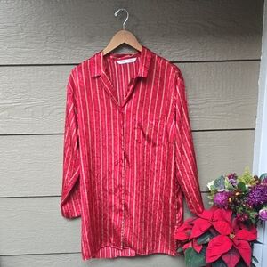 Victoria's Secret Red Textured Print Stripe Satin Night Shirt Medium M